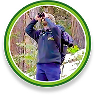 Photo of a hiker using binoculars in the forest
